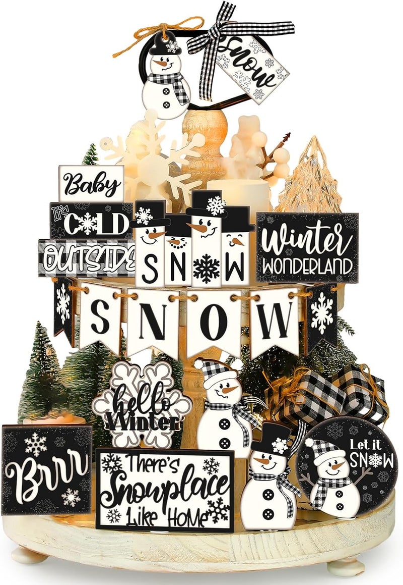 Funnymoom 24 Pcs Winter Tiered Tray Decor Set Winter Tiered Decorations Snowman Wooden Signs Snowflakes Table Centerpieces Without Tray Black White Farmhouse Frosty Snow Themed for Home Table - Image 1
